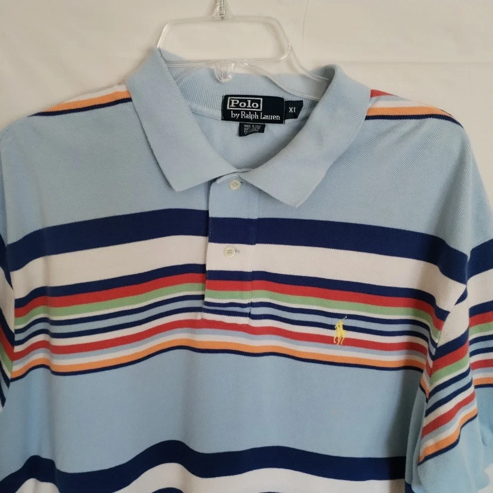 Polo Ralph‎ Lauren Pique Polo Shirt XL Blue Horizontal Rugby Deck Stripe Y2K
